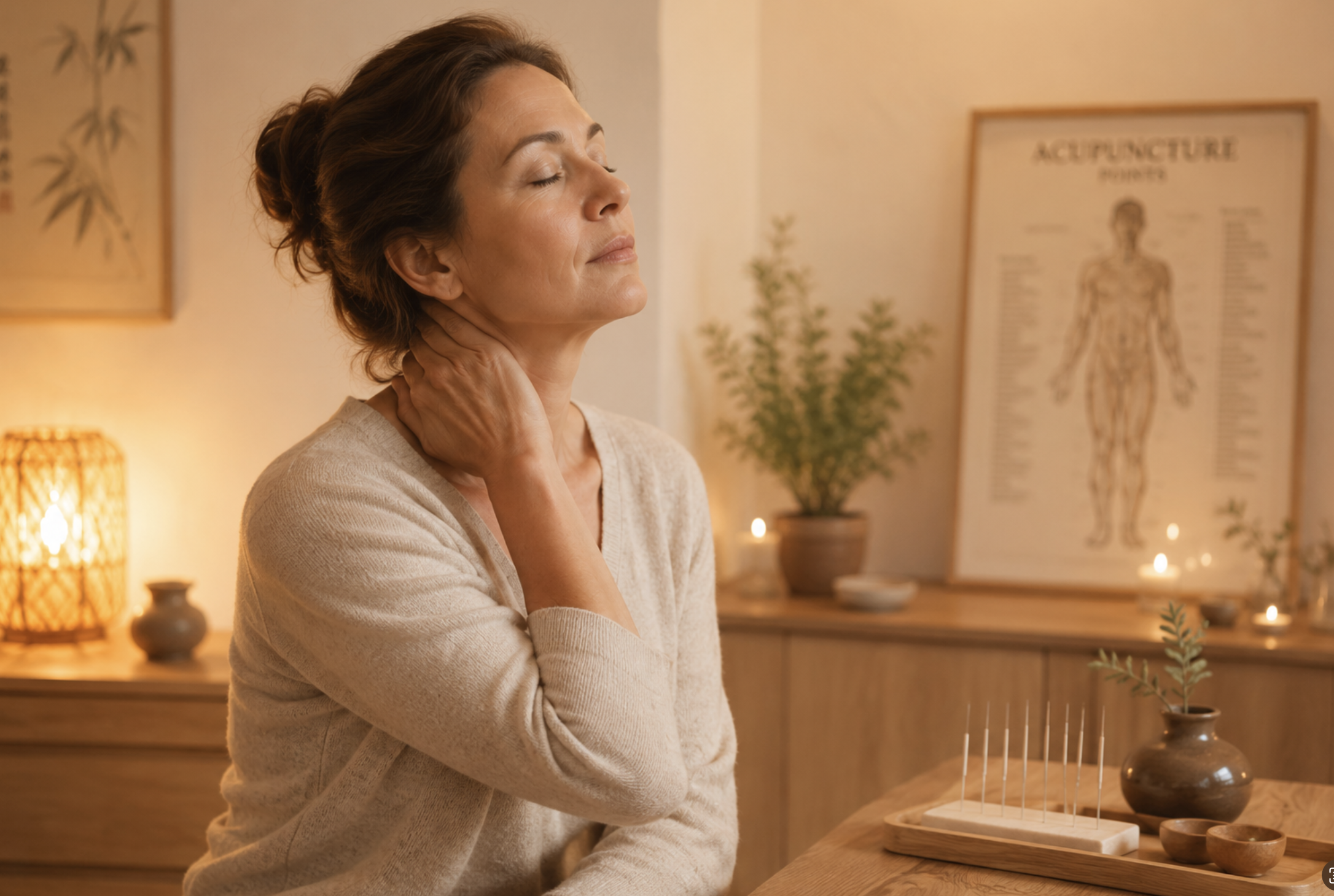 Femme posant une main sur sa nuque dans une ambiance chaude et apaisante