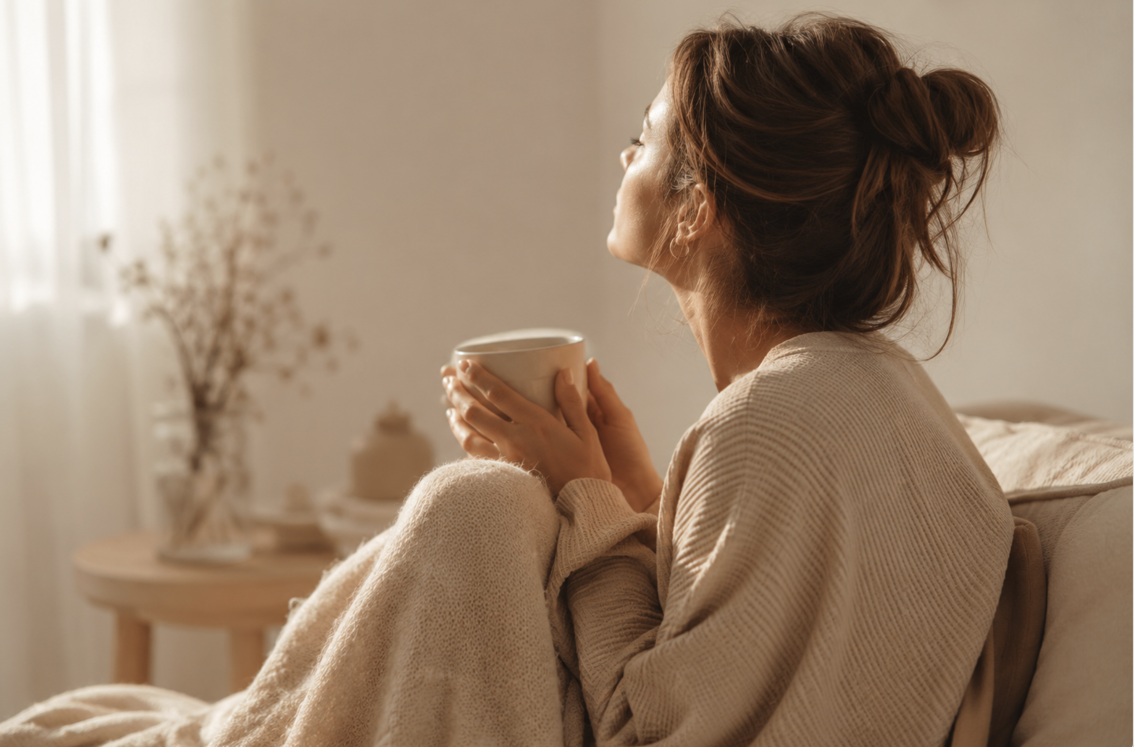 Femme assise dans une ambiance cocon tenant une tasse chaude près d'une fenêtre